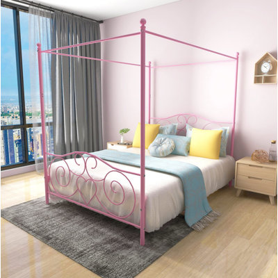 Pink Queen Size Metal Canopy Bed Frame with Vintage Headboard & Footboard, Complete Set with All Parts Included & Simple Assembly for Bedroom
