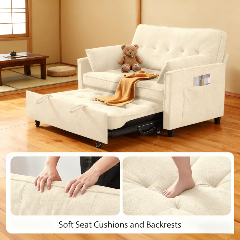 Canapé-lit convertible beige avec chargement USB, dossier réglable et tissu de serviette, causeuse coulissante pour le salon
