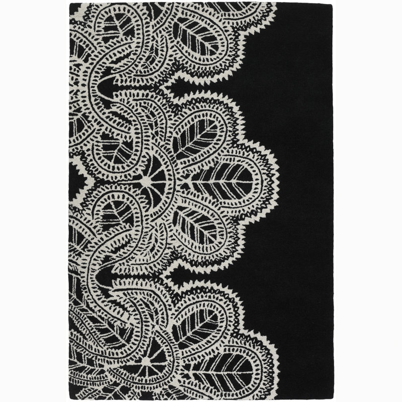 Tapis en cactus floral noir et blanc touffeté à la main Glyndia, Rectangle 7 pi 9 po x 10 pi 6 po