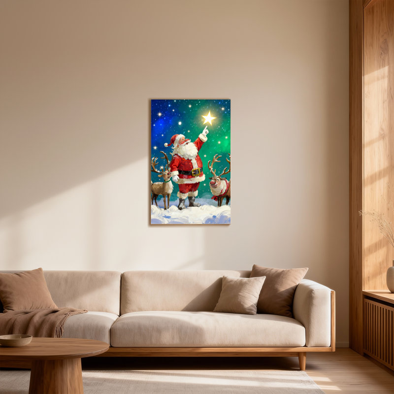 Père Noël de Noël pointant vers l'étoile avec des rennes, H 18 po x l 12 po
