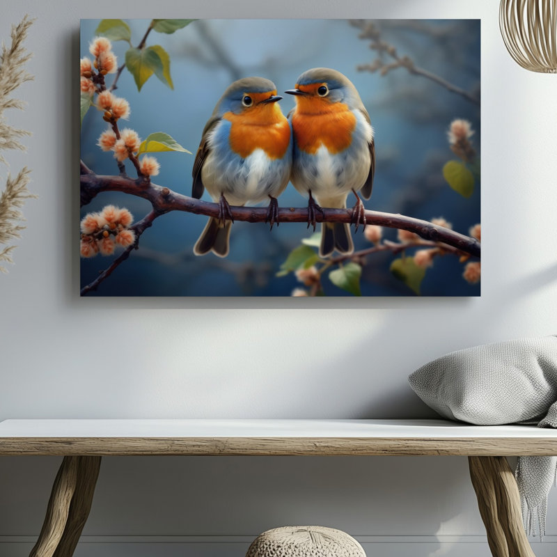 Toile dans un arrière-plan serein de bleus en sourdine et d'art mural, deux petits oiseaux perchés sur une branche élancée