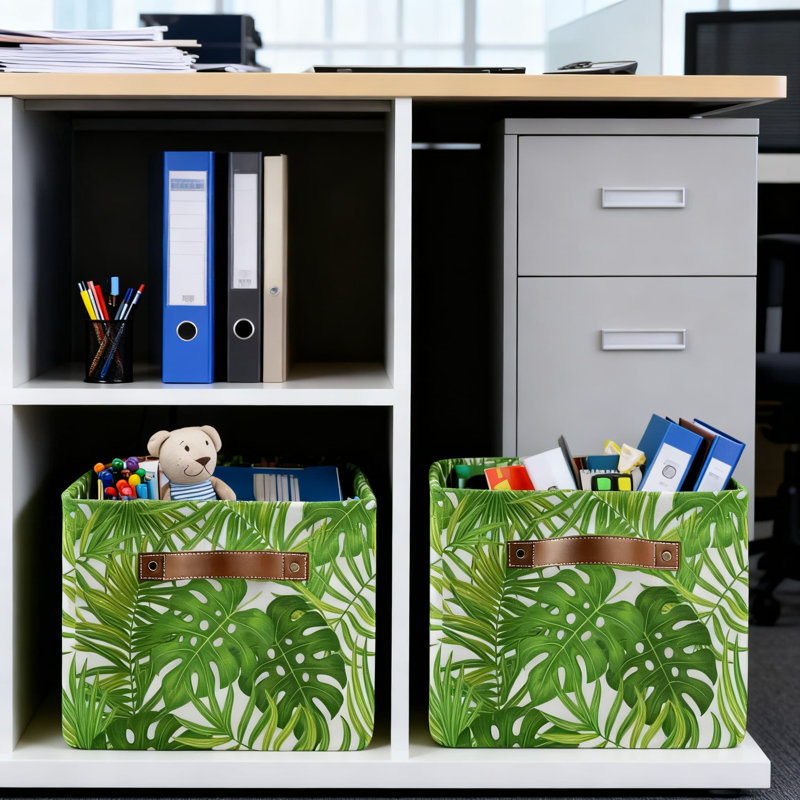 Monstera Leaf Storage Baskets 2-Pack, Collapsible Canvas Organizer Bins With Handles For Toy Storage, Laundry, And Home Organization