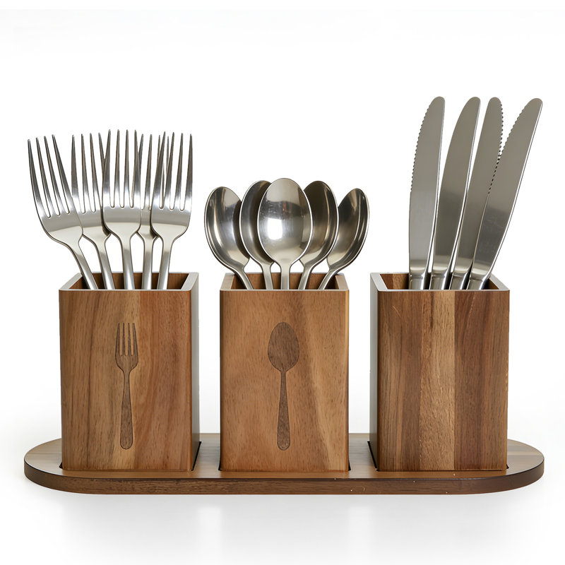 Porte-ustensiles de cuisine en bois d'acacia 13 x 4,5 x 4,7 po à 3 sections avec plateau inférieur