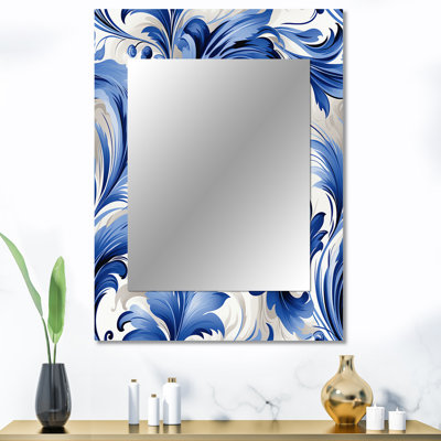 Motif ornemental tourbillonnant bleu cobalt Hurley - miroir floral, miroir mural floral unique, impression d'art en métal