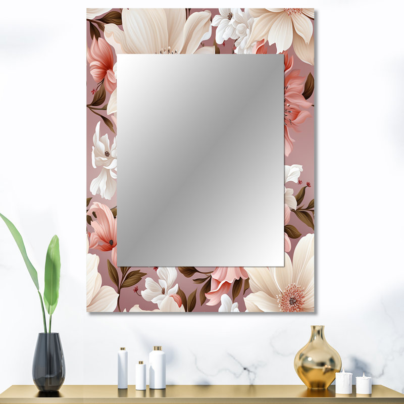Ziarre Pink And White Poppies Blossoming Grace - Floral Decorative Wall Mirror, Cottage Mirror, Printed Metal Art, 40" x 30"