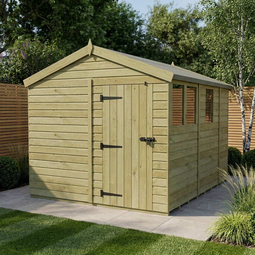 Total Sheds 8ft x 9ft Apex Garden Shed - Single Door - With Windows - Pressure Treated Timber - UK Manufactured