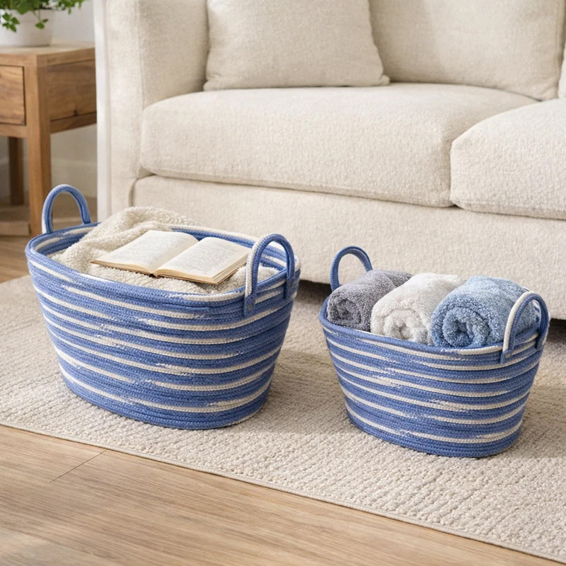 Ensemble de 2 paniers Benny, motif rayé, coton bleu-blanc 20 18 pouces