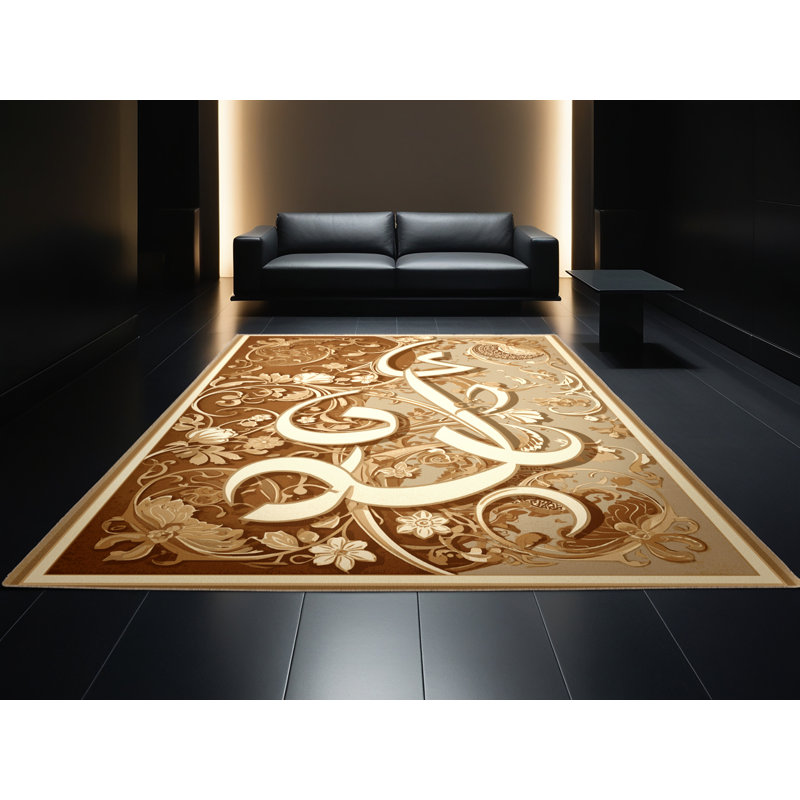 Tapis moelleux moelleux à motif floral classique brun et beige, 7 x 9