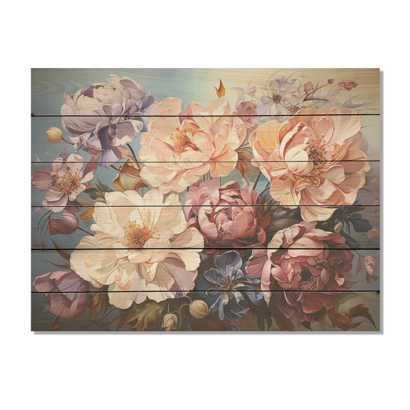 Art pivoines roses, champ de fleurs I - Art mural en bois sur bois de pin naturel, H 10 po x l 20 po