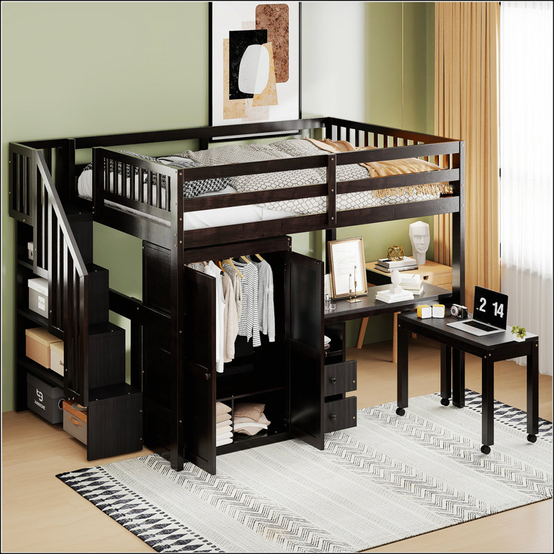 Lit mezzanine double avec escalier, Double, Espresso