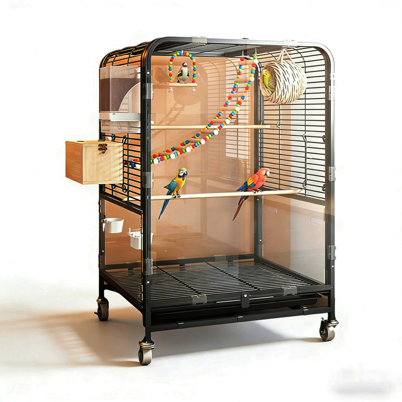 Cage à perroquet industrielle en métal noir avec cage frontale en acrylique transparent