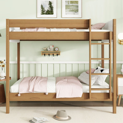 Twin Over Twin Bunk Bed, Upholstered Bunk Bed Frame With Ladder, Safety Guardrails,Rubber Wooden,Teddy Fleece Fabric Headboard/Footboard ,Natural