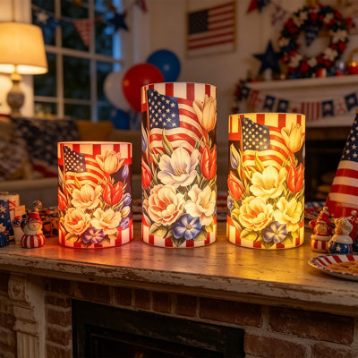 Anniversary Flag LED Candle Set With Motifs Flameless Cylindrical Electronic Candles