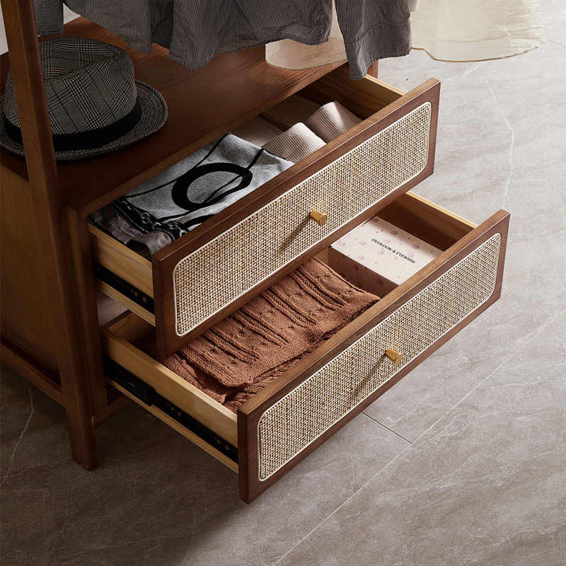 Ash Wood Coat Rack with Rattan Drawers