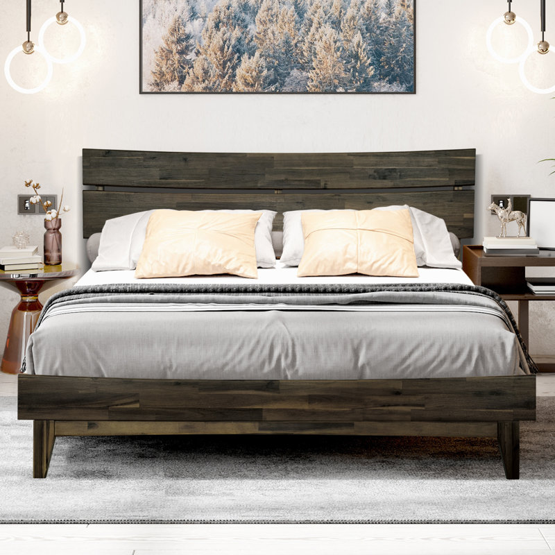 Acacia Bed Frame with Headboard Solid Wood Platform Bed