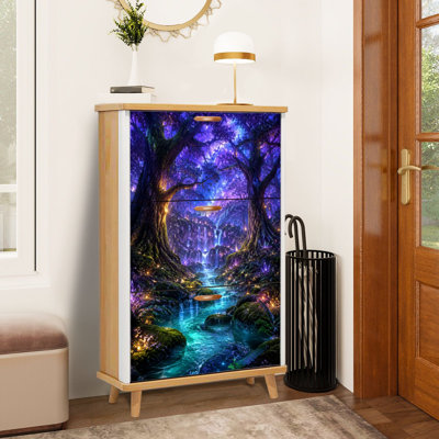 Shoe Storage Cabinet with 3 Flip Drawers for Magical Forest Landscape Trees Waterfall Under Starry Sky Shoe Rack Storage Organizer