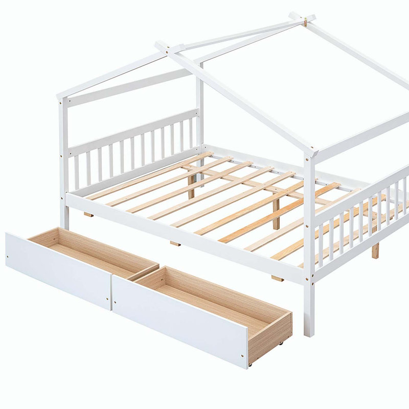 Lit double en bois avec tiroirs, blanc