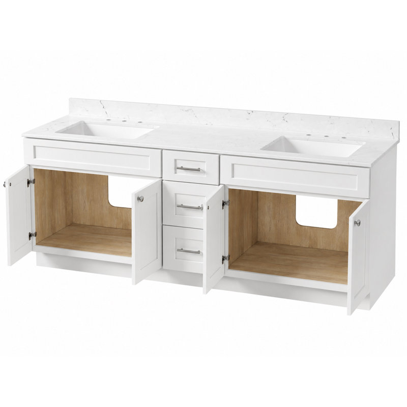 Meuble-lavabo double autoportant de 84 po avec comptoir en quartz de Carrare et 3 tiroirs, Blanc