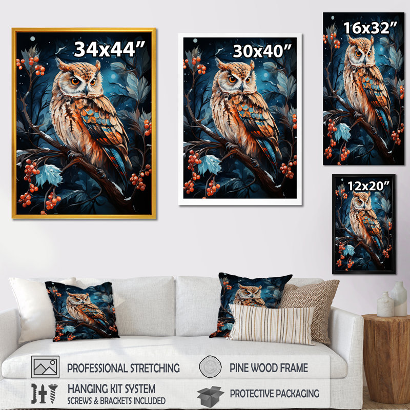 «Starry Night Owl Guardian I», art mural hibou, Cadre doré simple, H 20 po x l 12 po x P 1 po