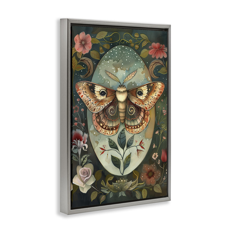 Moth with Blooming Florals Floating Frame, design by The Dutch Lady, Luster Gray Floater Frame, 25" H x 17" W