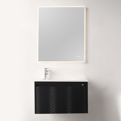 Meuble-lavabo flottant 30 po avec lavabo - Armoire murale en bois avec lumières DEL, panneau ondulé 3D, tiroir à fermeture en douceur et cuve en acrylique