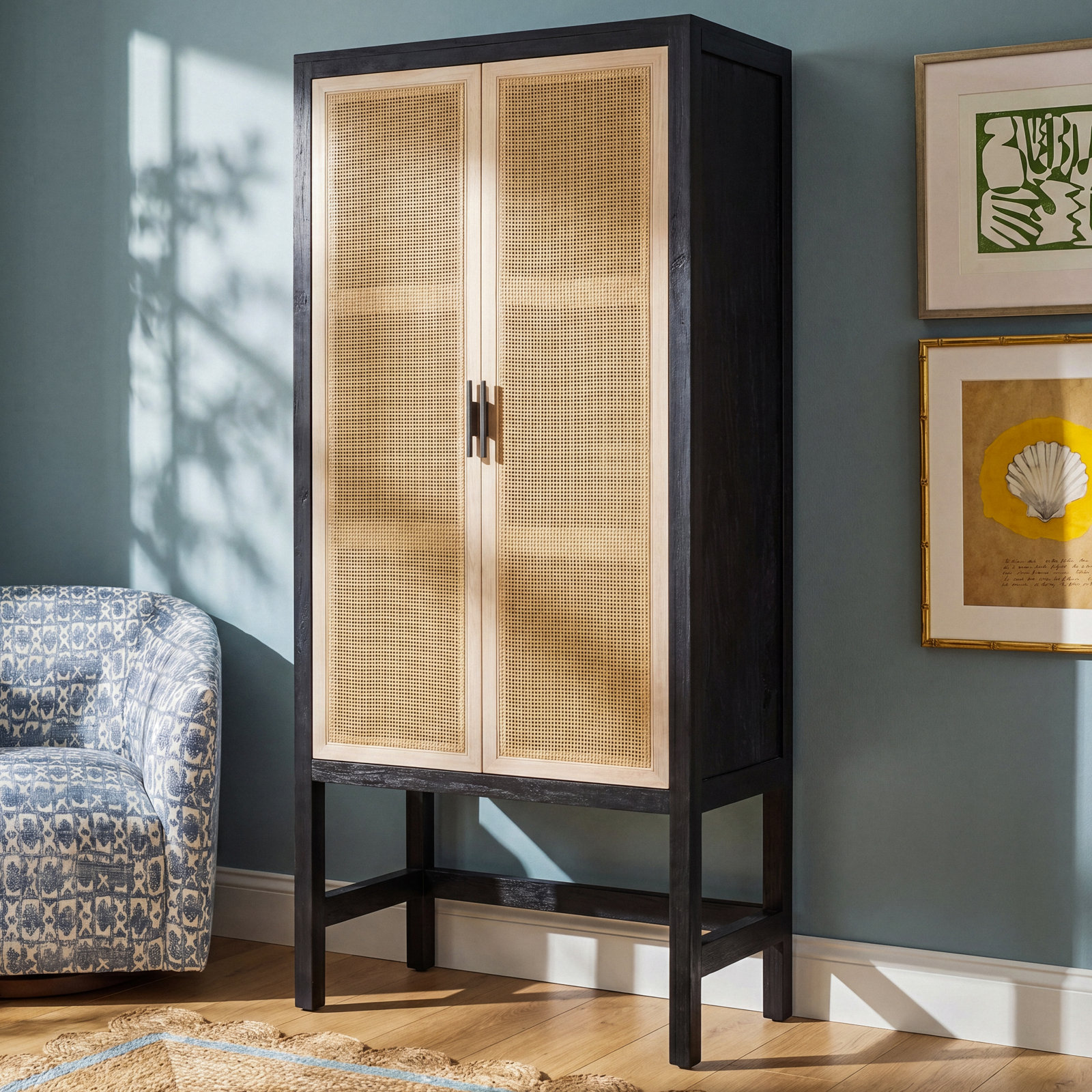 Boudreau Solid Wood Storage Cabinet, Washed Black/Natural Mango