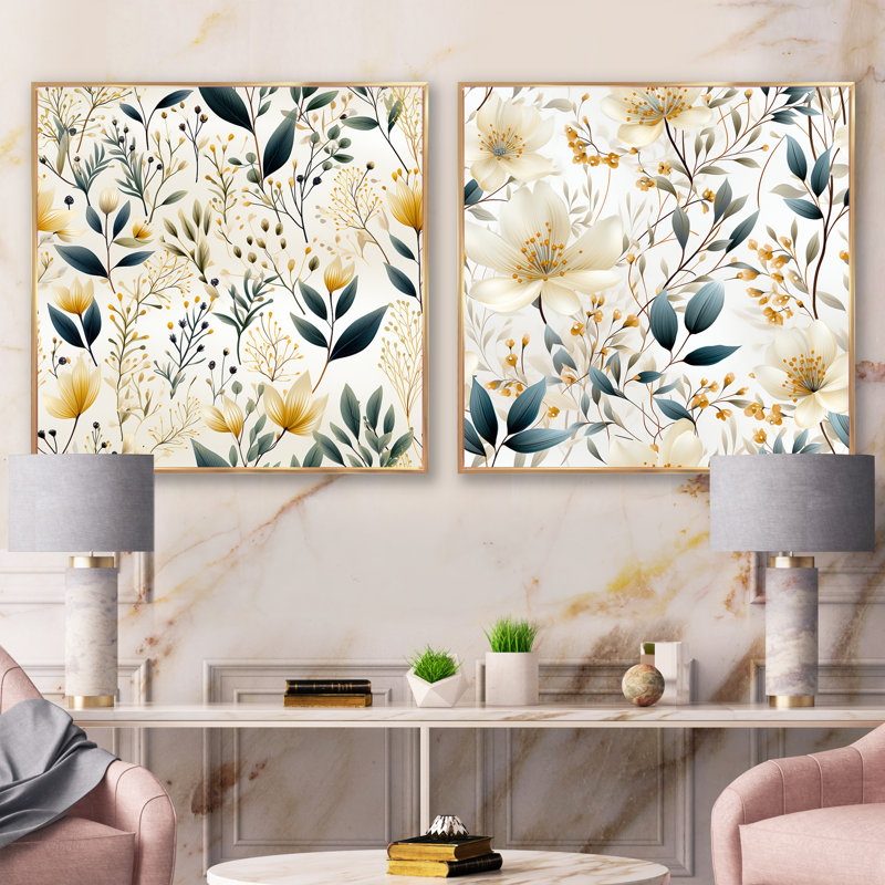 Whitby - Ensemble de 2 collages carrés floral et botanique, Cadre flottant doré, H 36 po x l 73 po