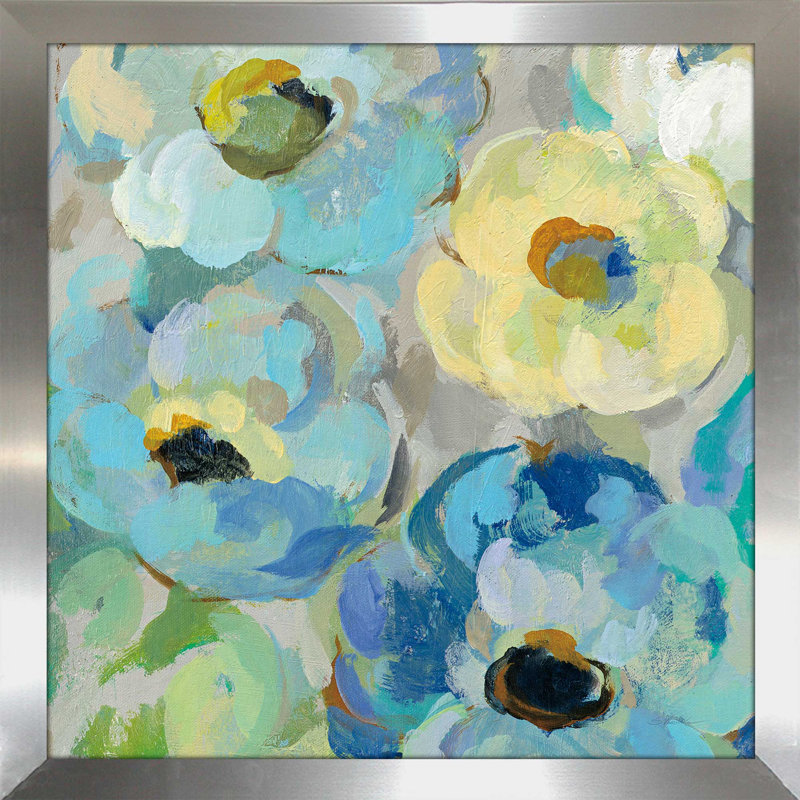 Fleurs fraîches de sarcelle II - reproduction sur toile, Encadrement argenté, H 21,5 po x l 21,5 po x P 0,75 po