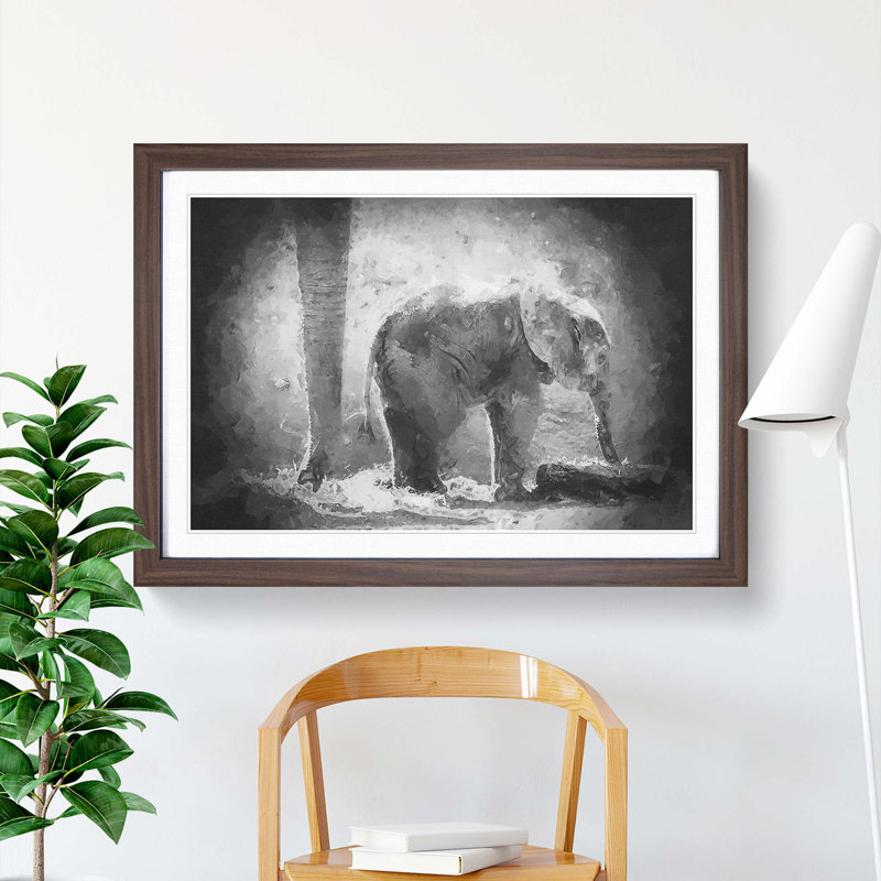 Mother and Baby Elephant Together in Abstract - Picture Frame Painting Print, 27cm H x 36cm W x 2cm D, Walnut Framed