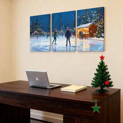 Ensemble de 3 toiles murales représentant une scène de patinage sur glace à Noël, pour la décoration du salon, de la chambre ou du bureau.