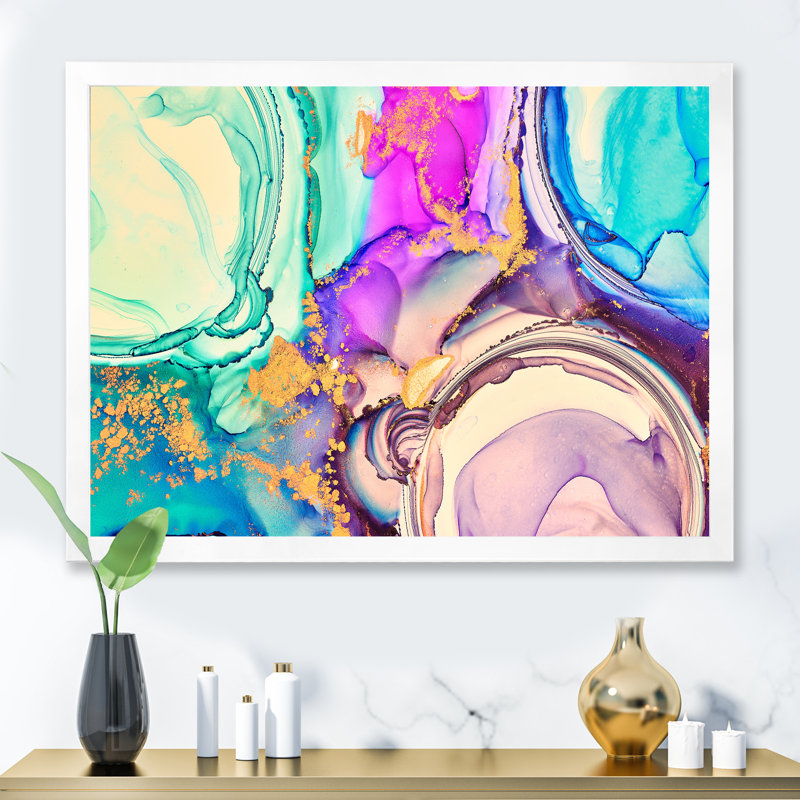 Mauve et turquoise, art abstrait fluide de luxe - peinture sur toile, H 16 po x l 32 po, Cadre de coin blanc fermé