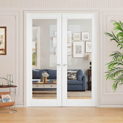 Interior Pantry French Doors Clear Glass 1-Lite Modern Solid Core Manufactured Wood Primed Double Door with Hardware / Frame