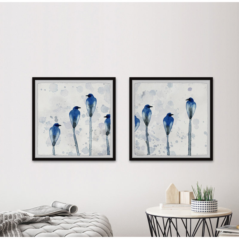 Diptyque d'oiseaux bleus debout, H 18 po x l 18 po