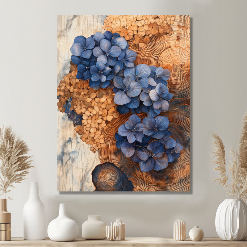 Aqua hydrangées fleurs sur glissoire en bois II - hydrangées, impression murale, H 32 po x l 16 po