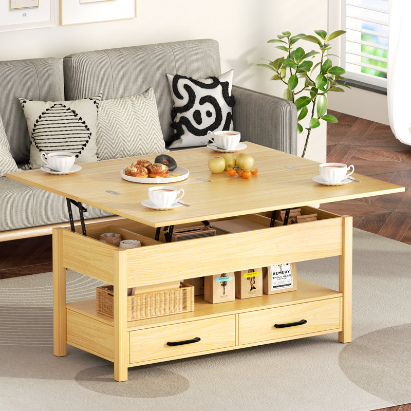 Lift Top Coffee Table with Hidden Storage & Drawers, 3-in-1 Convertible Multi-Functional Center Table for Living Room, Small Space, Home Office & Dining