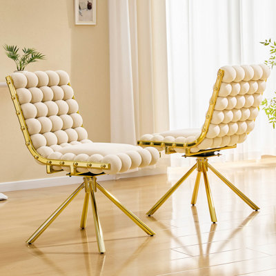 Ensemble de 2 fauteuils d'appoint pivotants capitonnés à bulles crème, fauteuil sans accoudoirs en velours moderne avec structure en métal doré pour salle à manger, salon et coiffeuse