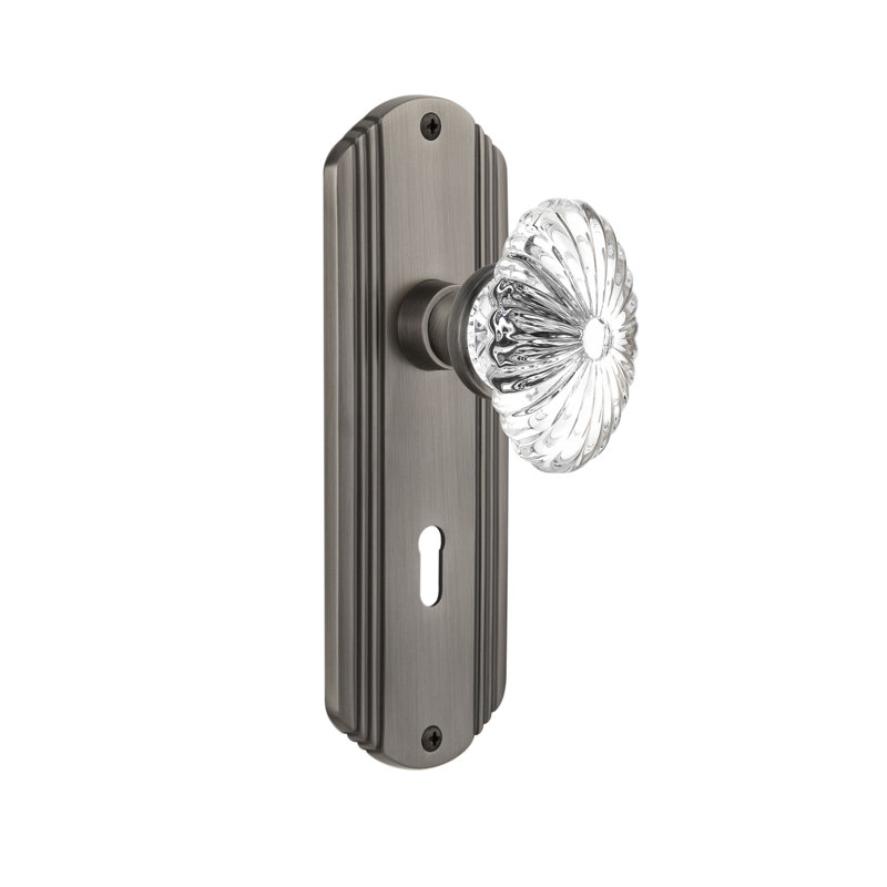 Deco Plate with Decorative Keyhole and Oval Fluted Crystal Door Knob, Antique Pewter