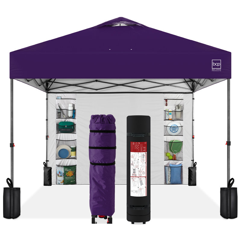 10X10ft Easy Setup Pop Up Canopy, Portable Tent W/ Side Wall, 1-Button Push, Case, Purple