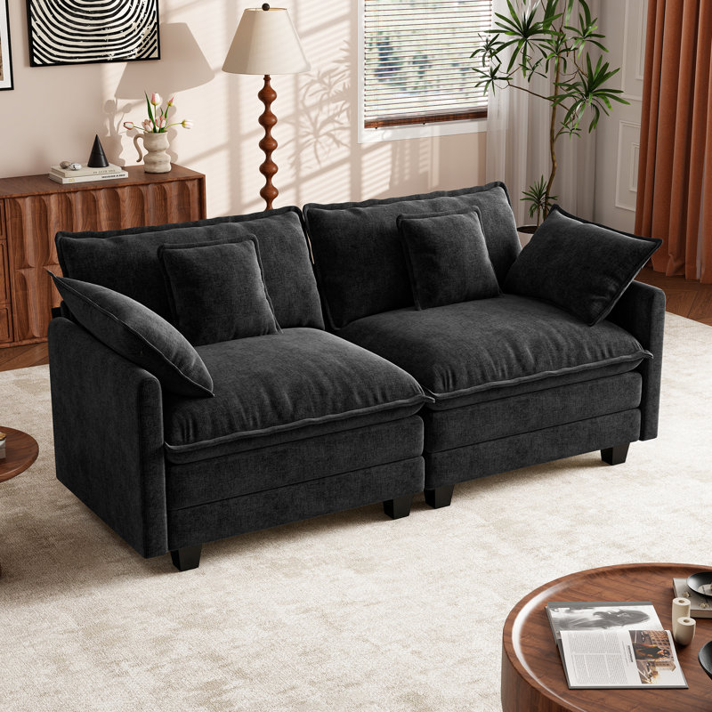 George 76.8" Chenille Modular Sectional Sofa, Black