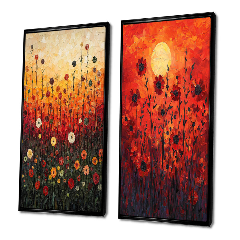 Red Sunset Wildflowers Glory I - Art mural floral, collection 2 panneaux, H 40 po x l 41 po, Cadre flottant noir