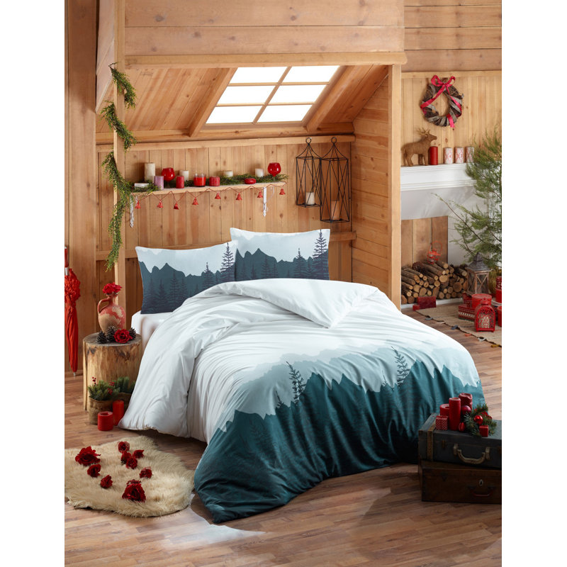 Ensemble de housse de couette 100% coton Boutwell - vert / blanc / gris, Housse de couette double + 2 taies d'oreiller 31 p