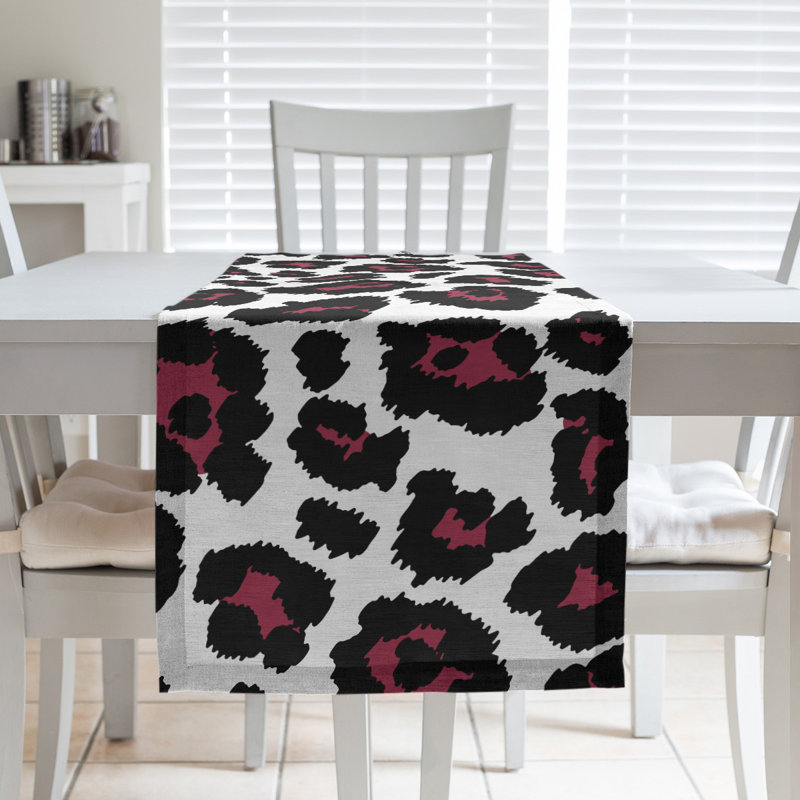 Animal Print Table Runner, 72" x 16", White/ Black/ Plum