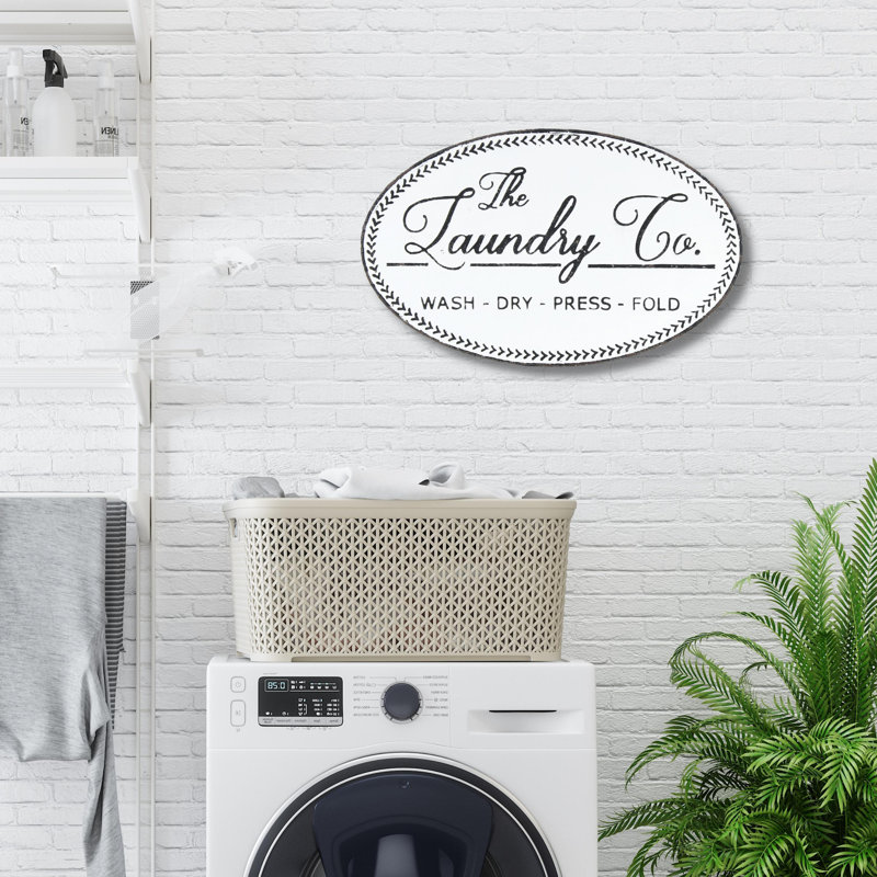 Karla Rustic Metal Laundry Wall Sign, Farmhouse White & Gray Wall Décor, 22" x 14"