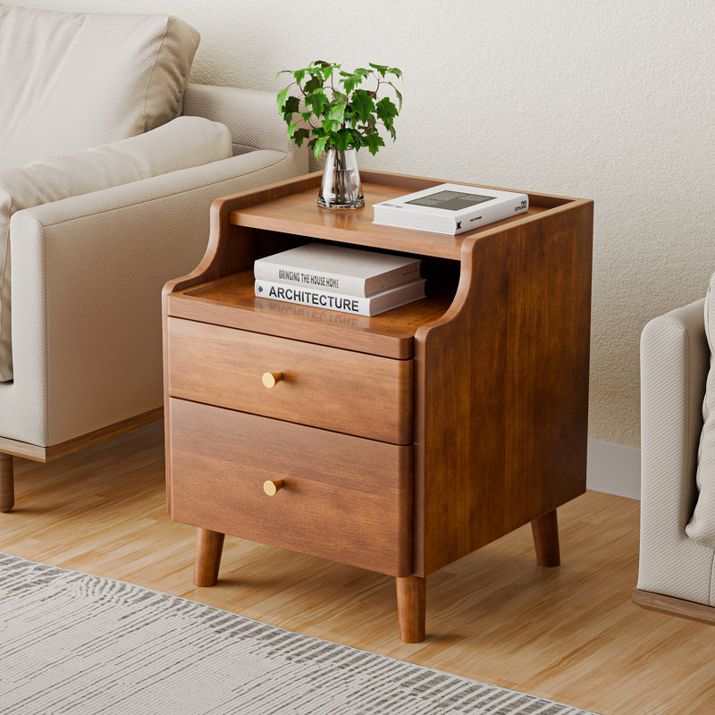 19.7" H Nightstand with Drawers, Pre-Assembled, Natural Solid Wood Night Stand with Open Sliding Shelf, Walnut
