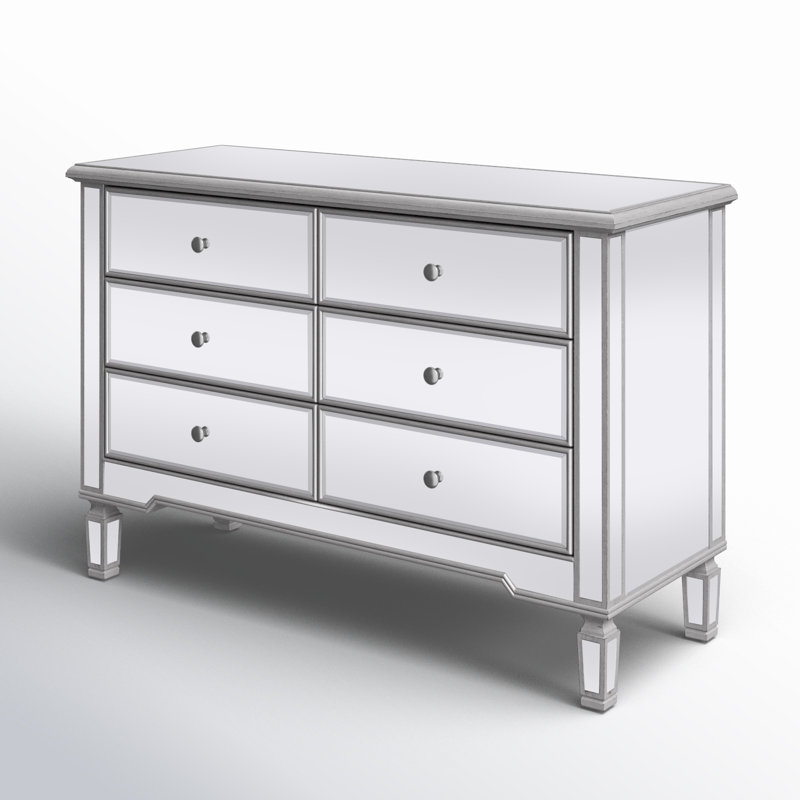 Caila 48" W Mirrored 6-Drawer Double Dresser, Silver