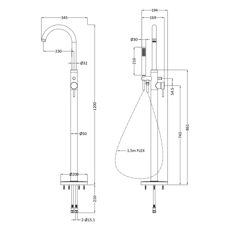 Tec 1 Handle Floor Bath Shower Mixer Bath Filler with Diverter, Brushed Brass