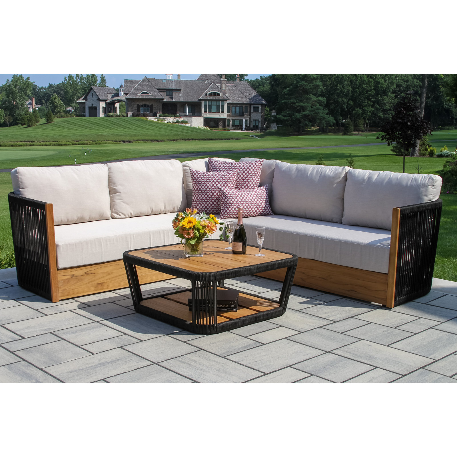 Aniston 3-piece Teak & Black Rope Sectional Seating Set With Sunbrella Cushions