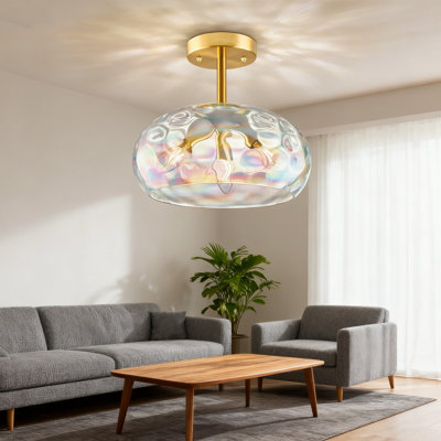 Vintage Semi Flush Mount Ceiling Light Fixture With Stained Glass Shade, 3-Light Hammered Glass Prism Design For Hallway Kitchen Bedroom Foyer Farmhouse