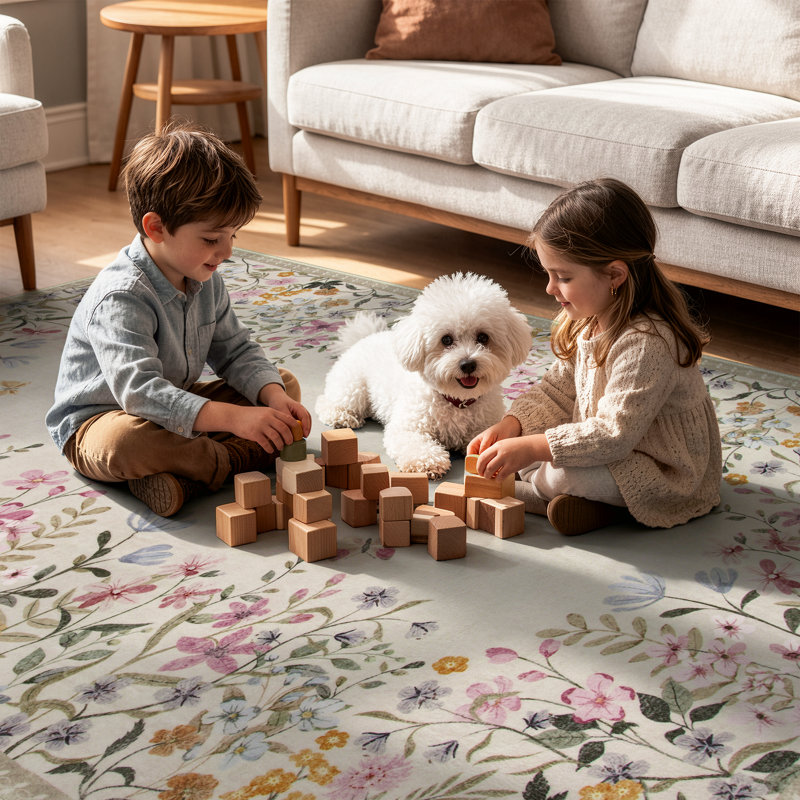Floral Vintage Washable Beige 6X9 Area Rug with Non Slip Backing - Low Pile Durable Carpet for Living Room, Bedroom, Dining Room or Office Decor