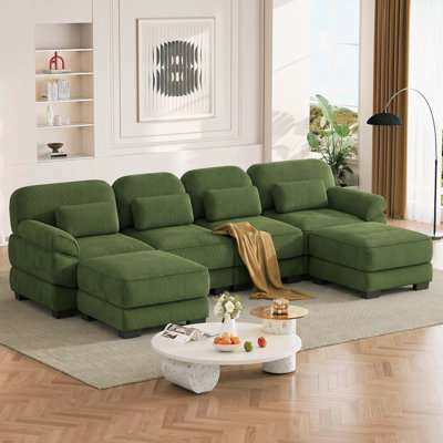 Canapé d'angle modulaire en velours côtelé de 336 cm (132,3 po), canapé 4 places rembourré avec coussins d'assise épais et confortables pour salon, chambre et appartement, vert